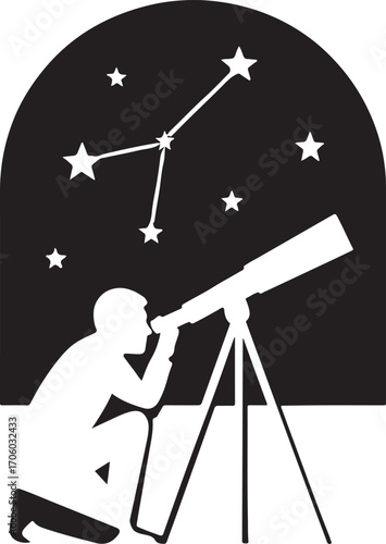 A lone man with a telescope and a clock, his silhouette against a studio light, stands by his metal tripod equipment