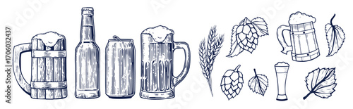 Beer brewery icons collection. Glasses, bottle, barrel hand drawn elements for pub, bar menu. Vector sketch illustration