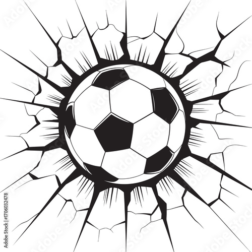 A powerful black and white vector illustration of a soccer ball or football smashing through a surface, creating a dynamic cracked wall effect