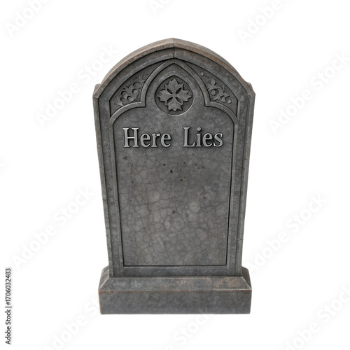 Gray tombstone with gothic design and floral motif on transparent background evokes somber mood and memorializes with Here Lies inscription