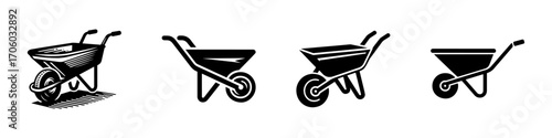 Modern Minimalist Wheelbarrow Icon, Flat Silhouette of a Garden Cart Vector for Farming Illustration Design