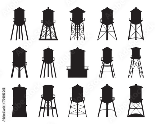 Vector collection of black water tower silhouettes, different industrial urban reservoir designs isolated on white
