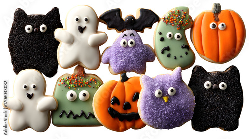 Neatly arranged Halloween cookies with themed icing, isolated on white background