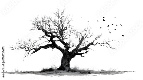 Old dead spooky tree with twisted silhouette and eerie feel, isolated on white background