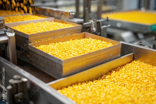 Yellow corn kernels moving on a factory conveyor
