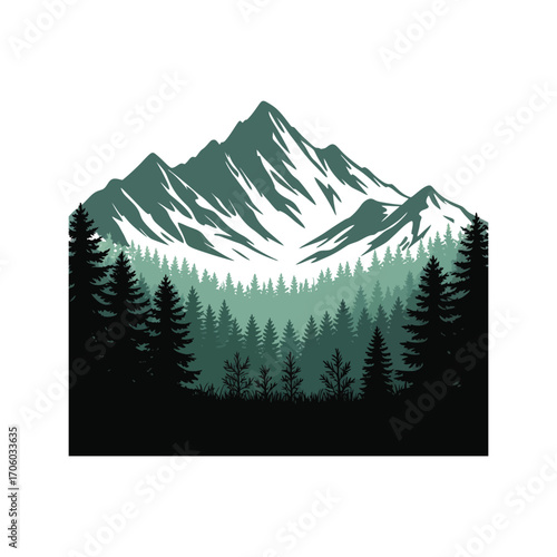 Mountain Peak Silhouette Illustration with Evergreen Forest Landscape in Detailed Style