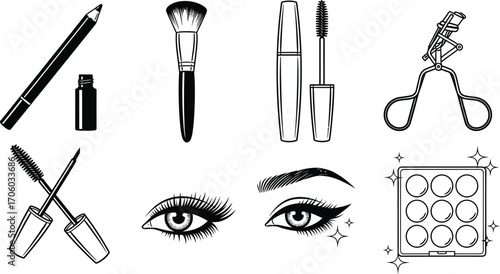 Makeup beauty products illustration set eye liner mascara brush
