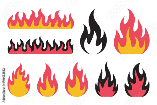 Collection of stylized fire flame icons and symbols. Vector illustration set of various hot bonfire and campfire blaze graphic design elements