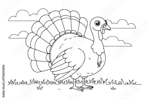 Cartoon turkey with fanned tail feathers standing in grass bird fowl