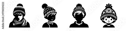 Modern Minimalist Boy Wearing Wool Cap Icon, Flat Silhouette of a Cozy Outfit Vector for Winter Illustration Design