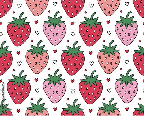 Vector seamless background of cute doodle strawberries and hearts. Endless fruit pattern illustration for fabric design and decoration 