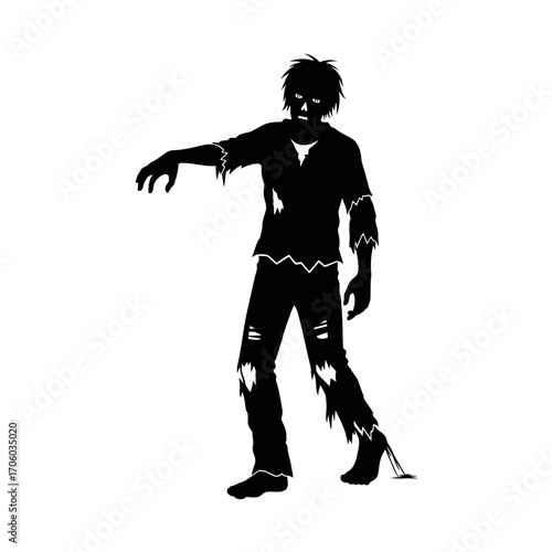 Vector art of zombie silhouette spooky undead monster walking with arms outstretched, halloween character in black and white style