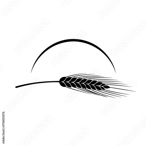 Vector art of single wheat ear with a curved line above, evoking a sense of nature, simplicity, and agricultural abundance for branding and design