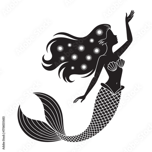 Elegant silhouette of a mythical mermaid with long starry hair and a scaled tail. A graceful sea creature posing, isolated vector graphic design element