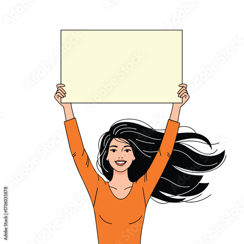 A smiling young woman with long flowing hair wearing an orange shirt holds up a blank placard.