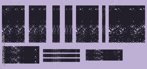 Linocut grunge stamp textures on purple background. Dust overlay distress grain textures. Ink roller vintage letterpress textures with rough edges. Eroded dirty backgrounds for design.