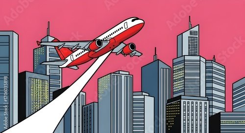 Airplane Flying Over City in Creative Illustration Style