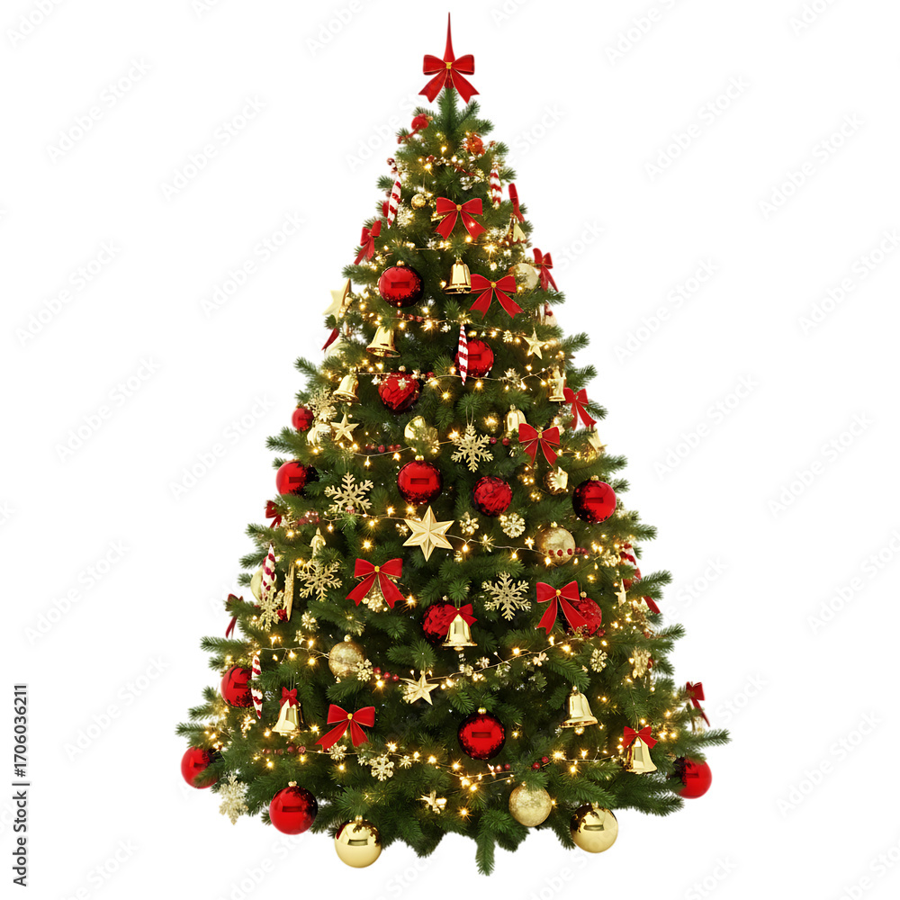 Fototapeta premium A beautifully decorated christmas tree with red ornaments, golden stars, bows, bells, and twinkling lights, isolated on transparent background