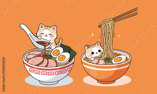 Cute Kawaii Cats Eating and Cooking Ramen Noodles Cartoon Vector