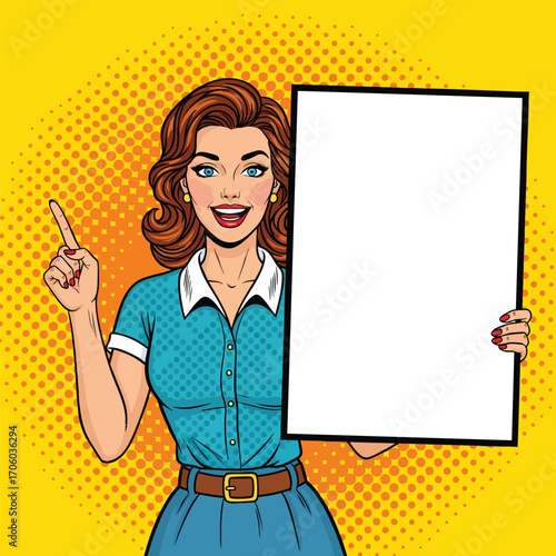 A smiling pop art woman in a blue dress holding a blank white sign and pointing her finger.