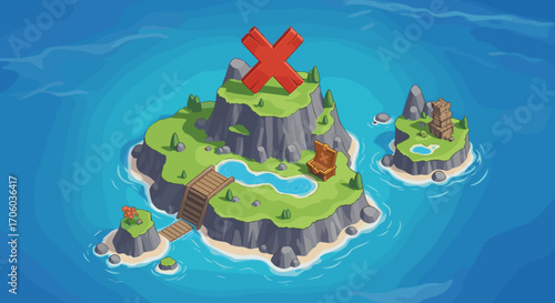 Isometric view of a treasure island with a red x marking the spot and a wooden bridge leading to it