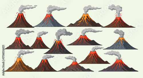 Collection of cartoon volcanoes erupting with smoke and lava against a light background illustration