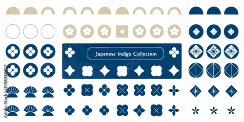 Collection of japanese indigo blue and beige traditional geometric patterns and floral motifs