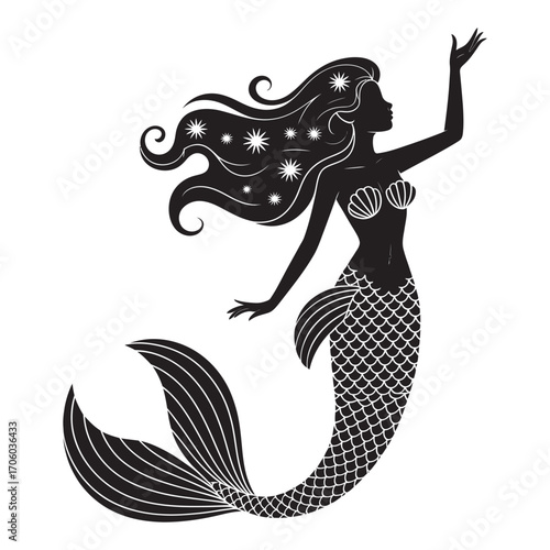 Graceful mermaid fantasy creature with a scaled tail and seashell top, isolated black vector stencil design element