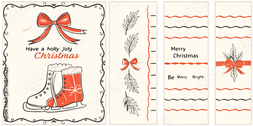 Hand drawn christmas greetings featuring ice skates holly and festive bows