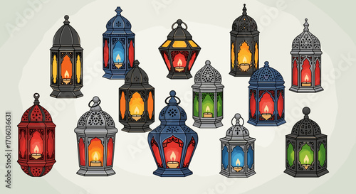 Collection of ornate decorative lanterns in various colors and designs with lit candles inside them