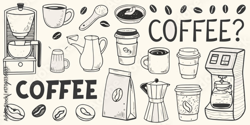 Hand drawn collection of coffee related items and text elements