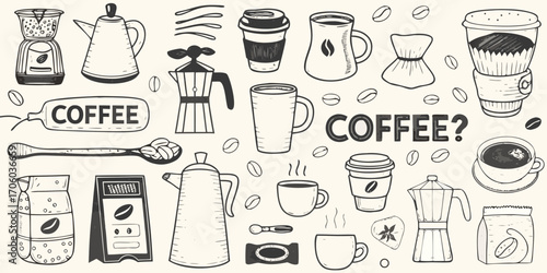 Hand drawn doodle illustration of coffee related items and text on a light background