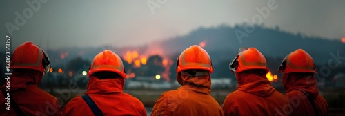 Firefighters in protective gear gaze at distant flames with smoke-filled sky backdrop. Rear view highlights the scale of the fire scene