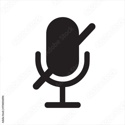 Mute Microphone: An isolated, minimalist black microphone icon with a line through it, conveying the concept of silence, pause, or no sound.