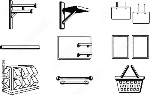 Shop retail display fixtures and store equipment pixel art set