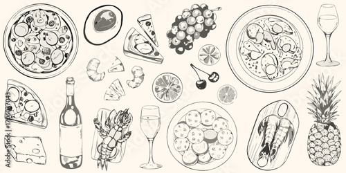 A delightful assortment of hand drawn food and drink items including pizza seafood fruits cheese and wine