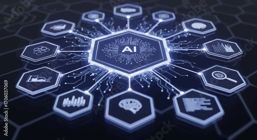 AI Technology Centralized Network and Data Visualization for Futuristic Innovation