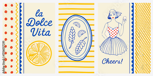 La dolce vita italian lifestyle illustration with lemon slice and woman toasting