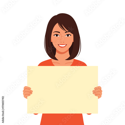 A smiling young woman with short brown hair holding a blank placard for your message.