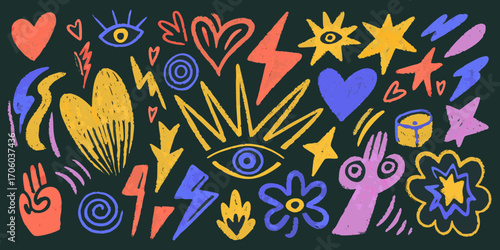 Vibrant hand drawn doodle elements featuring eyes hearts stars lightning bolts flowers and abstract shapes on dark background