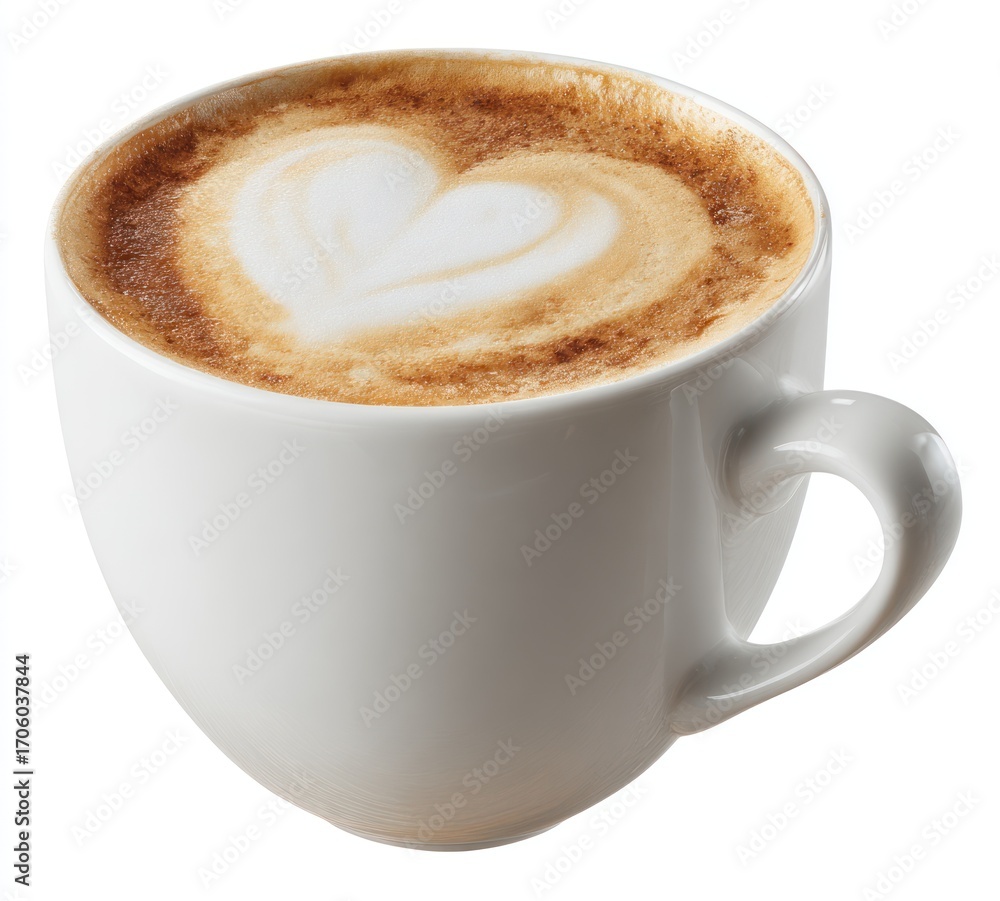 Obraz premium Steaming coffee with creamy foam artfully swirled into a heart shape, presented in a clean, white cup against a stark background. Isolated drink