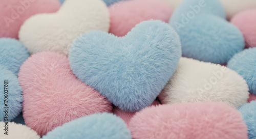Pastel fluffy hearts in pink blue and white create a soft loving texture