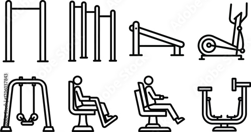 Outdoor fitness equipment park exercise station vector icons