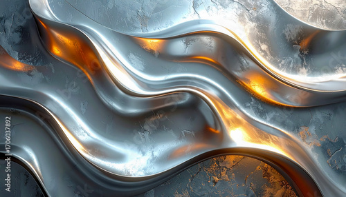 Flowing golden metallic waves create an abstract liquid metal art background with a wavy surface design