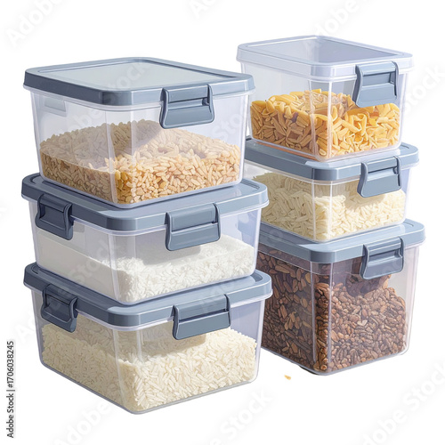 Stacked clear plastic storage containers filled with various dry goods