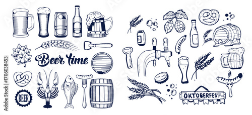 Beer brewery icons collection. Glasses, bottle, barrel hand drawn elements for pub, bar menu. Vector sketch illustration