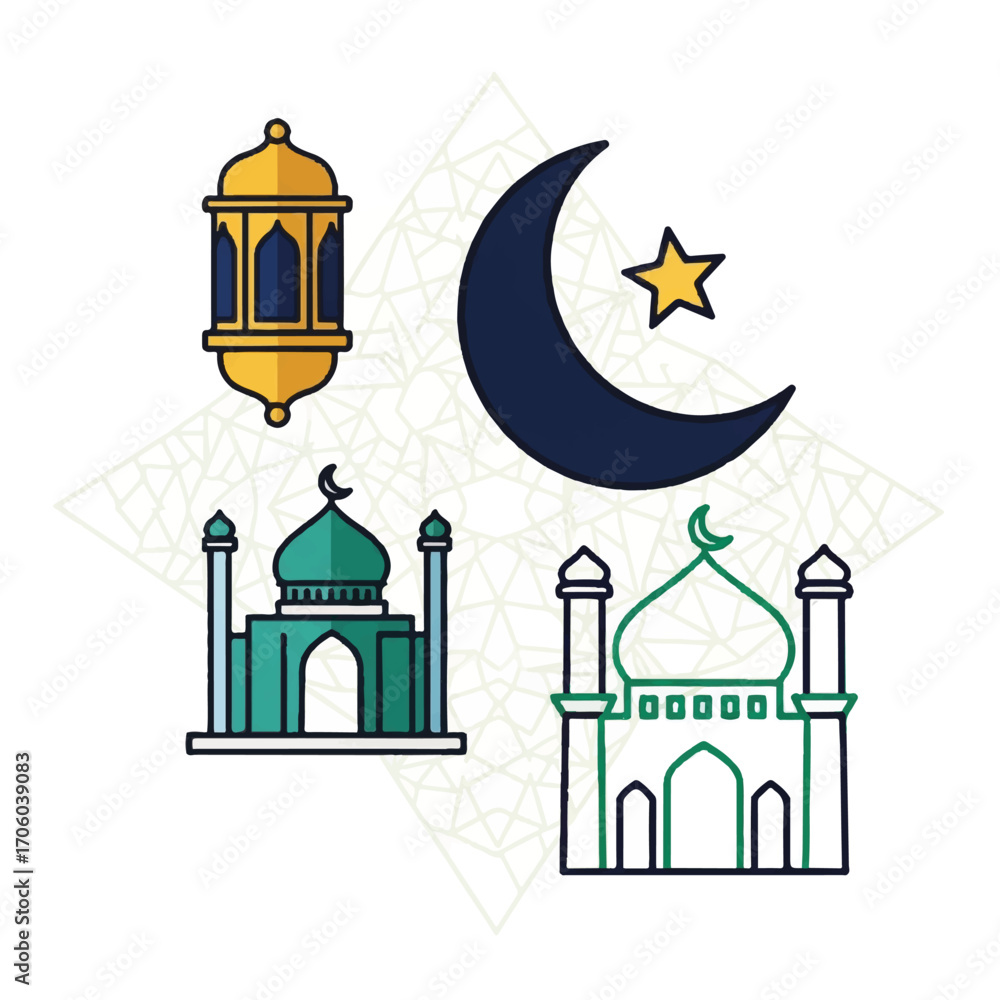 Fototapeta premium Flat design illustration of a crescent moon, star, lantern, and two mosques with green, blue, and yellow colors on a white background.