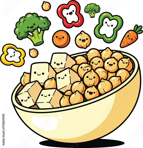 Cute Cartoon Tofu & Chickpea Bowl Vector