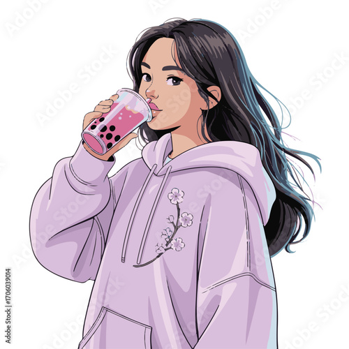 Cute Girl in a Hoodie with Boba Tea