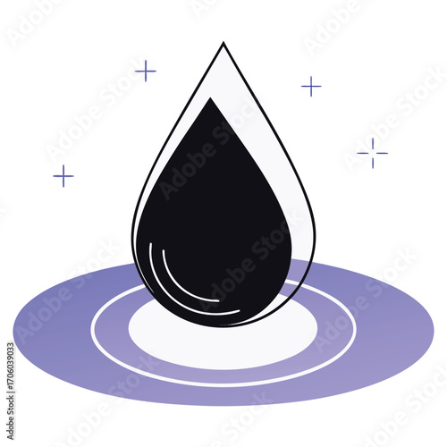 Vector art of a dark drop of liquid falls into a pool of water with ripples and sparkles